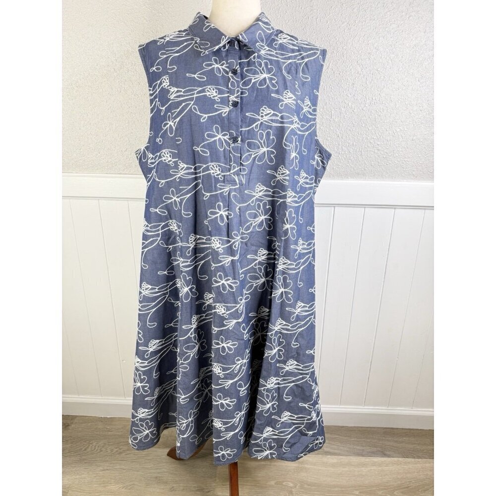 Sahalie Floral Embroidered Dress XXL Blue Feminine Breathable Cotton Preppy